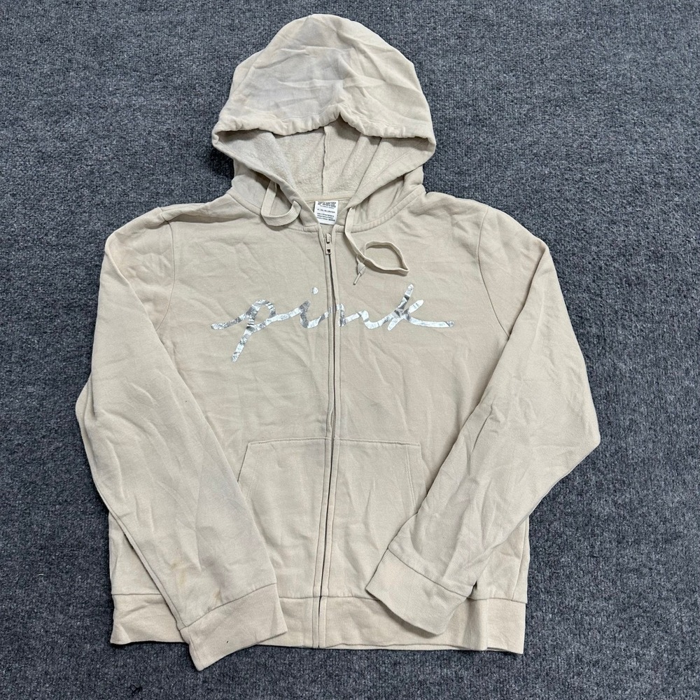 Pink Hoodie Womens Size XL Beige Silver Foil Logo Full Zip Long Sleeve Hoodie